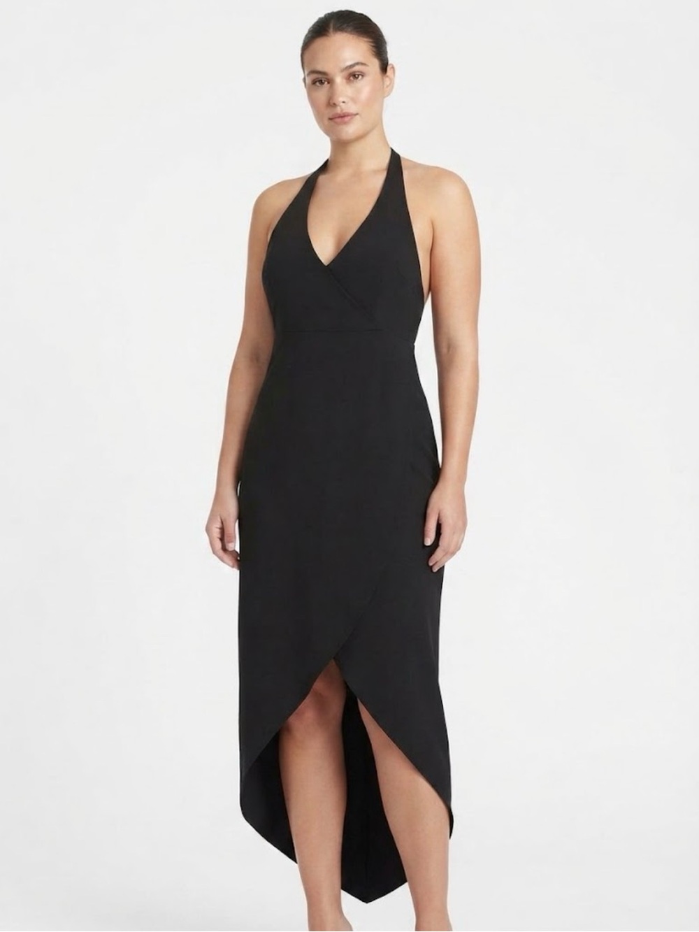 Hourglass Deep V-Neck Halter High-Low Black Dress